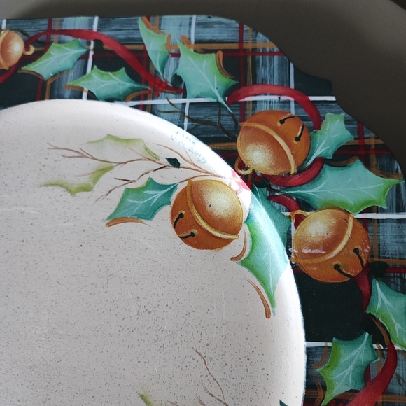 Plaid Tole Hand Painted Signed Wood Charger and Glass Plate Christmas Platter EU - Picture 3 of 6
